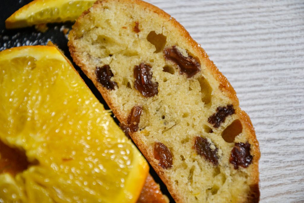 Lemon loaf with orange glaze and orange slices